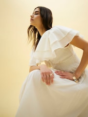 River Island White Flutter Sleeve Shirred Midi Dress - Image 2 of 4