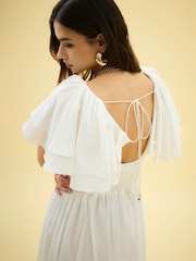 River Island White Flutter Sleeve Shirred Midi Dress - Image 3 of 4