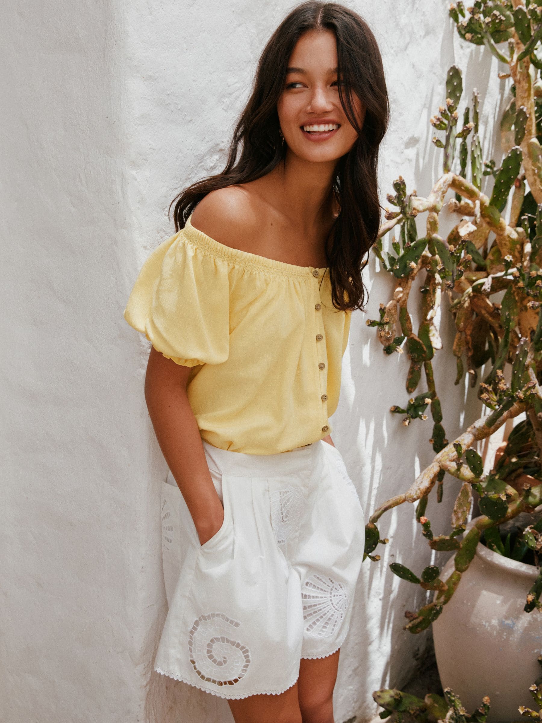 Buy Yellow Linen Blend Puff Sleeve Bardot Top from the Next UK