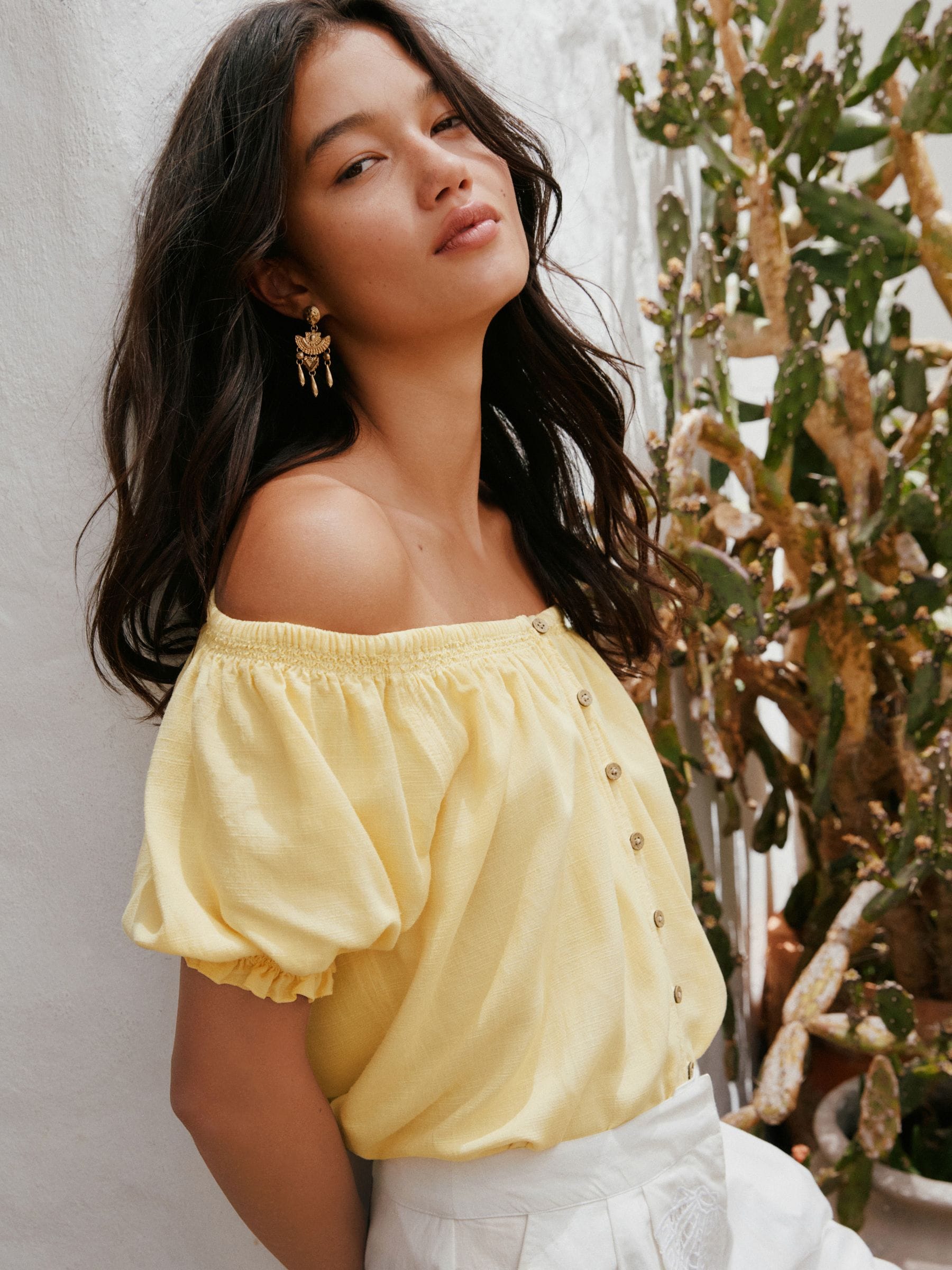 Buy Yellow Linen Blend Puff Sleeve Bardot Top from the Next UK