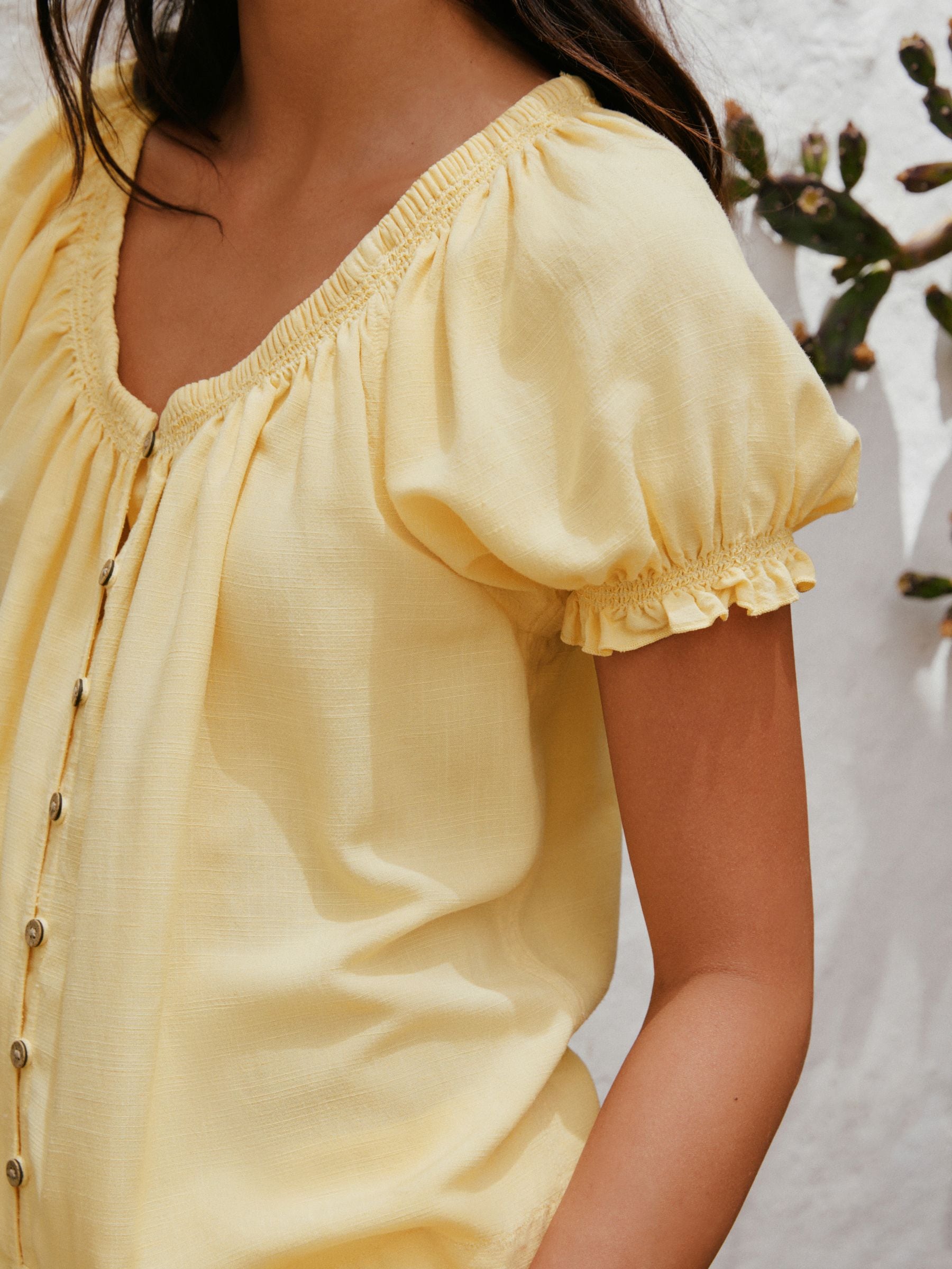 Buy Yellow Linen Blend Puff Sleeve Bardot Top from the Next UK