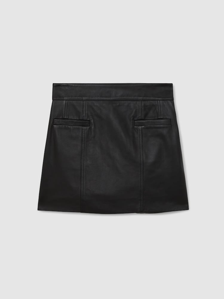 Reiss Black Seema Leather Welt-Pocket Mini Skirt - Image 2 of 6