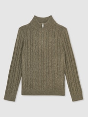 Reiss Sage Green Clovelly Wool-Blend Half-Zip Cable Knit Jumper - Image 1 of 4