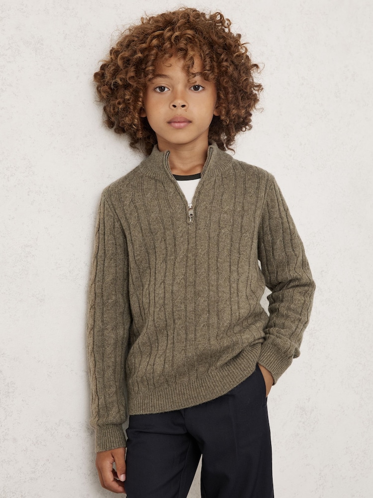 Reiss Sage Green Clovelly Wool-Blend Half-Zip Cable Knit Jumper - Image 2 of 4 Reiss Sage Green Clovelly Wool-Blend Half-Zip Cable Knit Jumper - Image 2 of 4