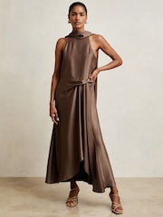 Reiss Taupe Brown Michelle Satin Tuck-Detail Cape Midi Dress - Image 1 of 6