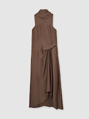 Reiss Taupe Brown Michelle Satin Tuck-Detail Cape Midi Dress - Image 2 of 6