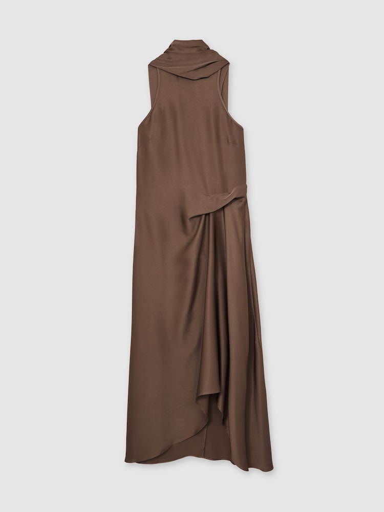 Reiss Taupe Brown Michelle Satin Tuck-Detail Cape Midi Dress - Image 2 of 6