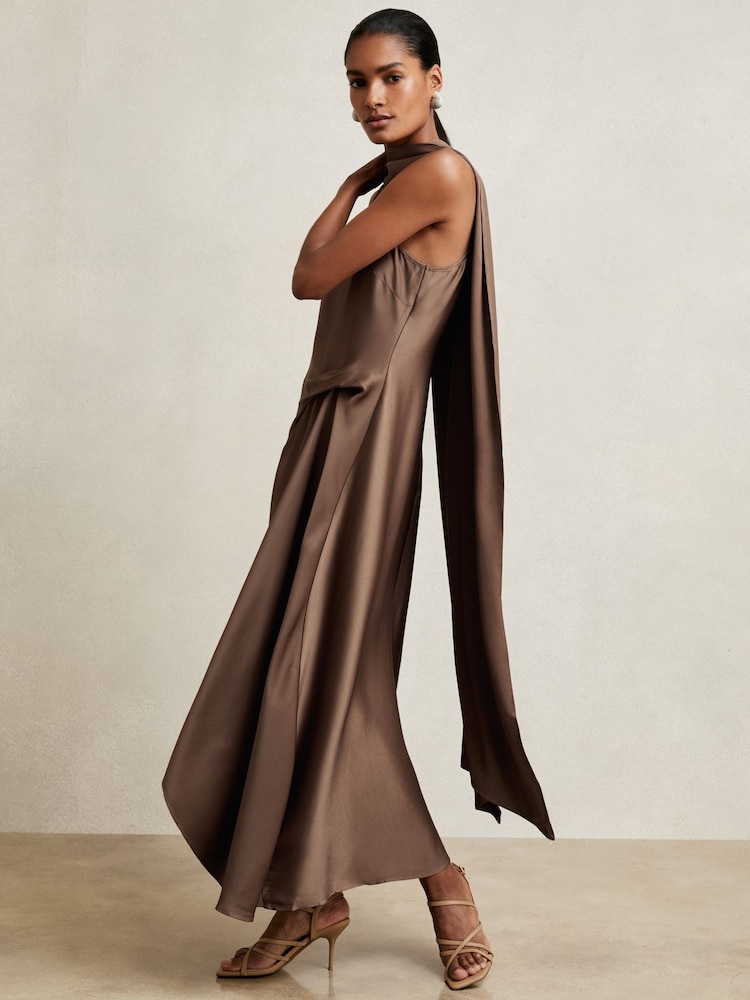 Buy Reiss Taupe Brown Michelle Satin Tuck-Detail Cape Midi Dress from Next  USA
