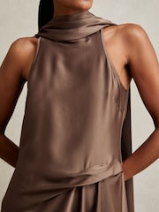 Reiss Taupe Brown Michelle Satin Tuck-Detail Cape Midi Dress - Image 4 of 6