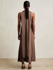 Reiss Taupe Brown Michelle Satin Tuck-Detail Cape Midi Dress - Image 5 of 6