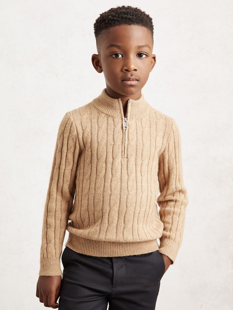 Reiss Camel Melange Clovelly 13-14 yrs Wool-Blend Half-Zip Cable Knit Jumper - Image 2 of 4 Reiss Camel Melange Clovelly 13-14 yrs Wool-Blend Half-Zip Cable Knit Jumper - Image 2 of 4