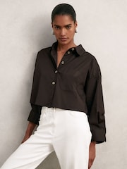 Reiss Chocolate Brown Solene Oversize Cotton Cropped Shirt - Image 1 of 7