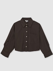 Reiss Chocolate Brown Solene Oversize Cotton Cropped Shirt - Image 2 of 7