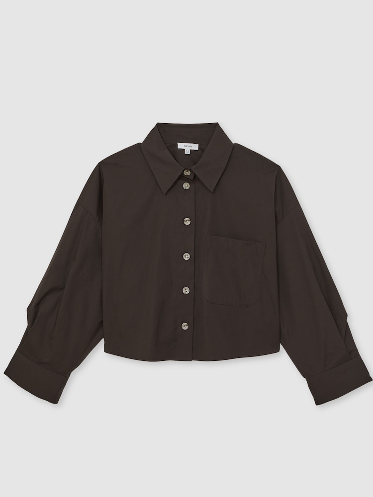 Reiss Chocolate Brown Solene Oversize Cotton Cropped Shirt - Image 2 of 7