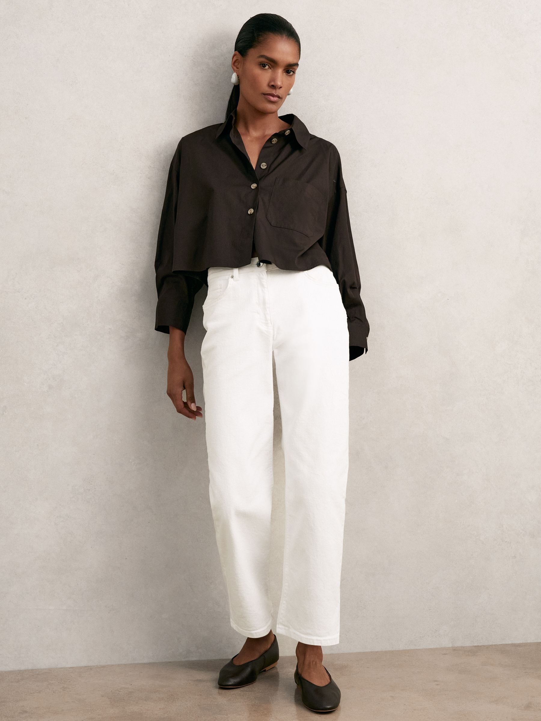 Buy Reiss Chocolate Brown Solene Oversize Cotton Cropped Shirt