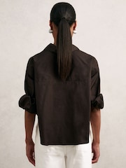 Reiss Chocolate Brown Solene Oversize Cotton Cropped Shirt - Image 6 of 7