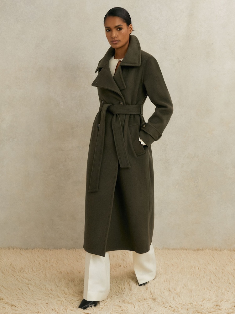 Reiss Khaki Scarlett Atelier Wool Belted Blindseam Coat - Image 1 of 8 Reiss Khaki Scarlett Atelier Wool Belted Blindseam Coat - Image 1 of 8