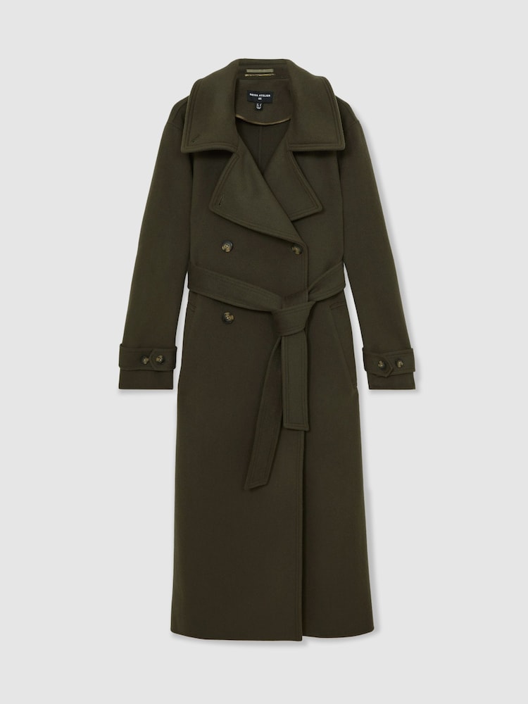 Reiss Khaki Scarlett Atelier Wool Belted Blindseam Coat - Image 2 of 8 Reiss Khaki Scarlett Atelier Wool Belted Blindseam Coat - Image 2 of 8