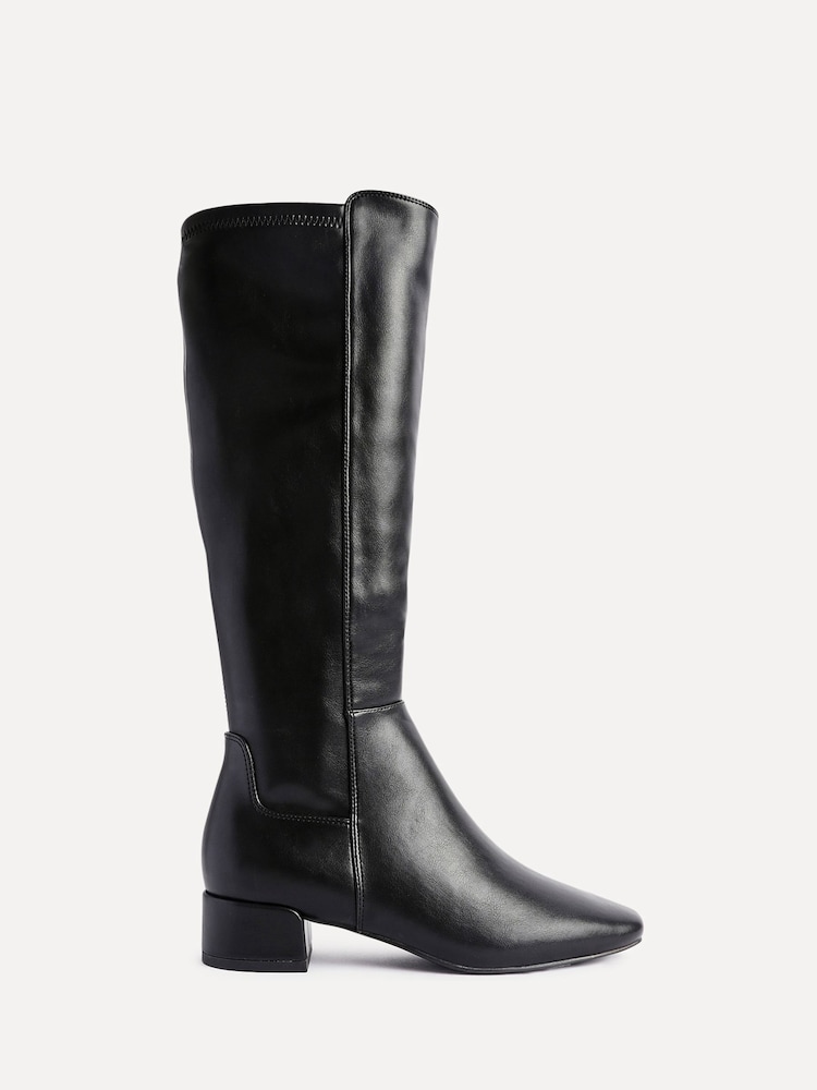 Linzi Black PU Revolve High Leg Boot With Low Block Heel - Image 2 of 5 Linzi Black PU Revolve High Leg Boot With Low Block Heel - Image 2 of 5