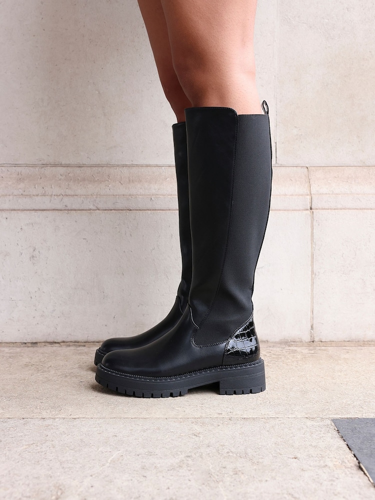 Linzi Black Swift PU And Croc Mix High Leg Boots - Image 1 of 5