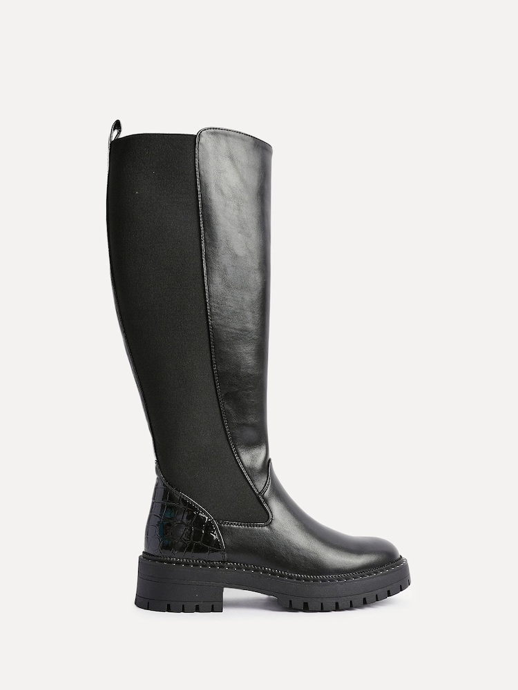 Linzi Black Swift PU And Croc Mix High Leg Boots - Image 2 of 5