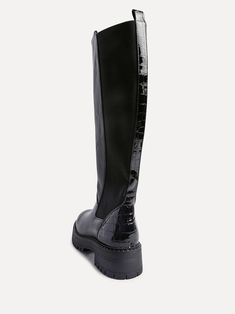Linzi Black Swift PU And Croc Mix High Leg Boots - Image 5 of 5