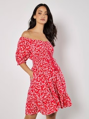 Apricot Red Sarasa Mallow Flower Bardot Dress - Image 1 of 4