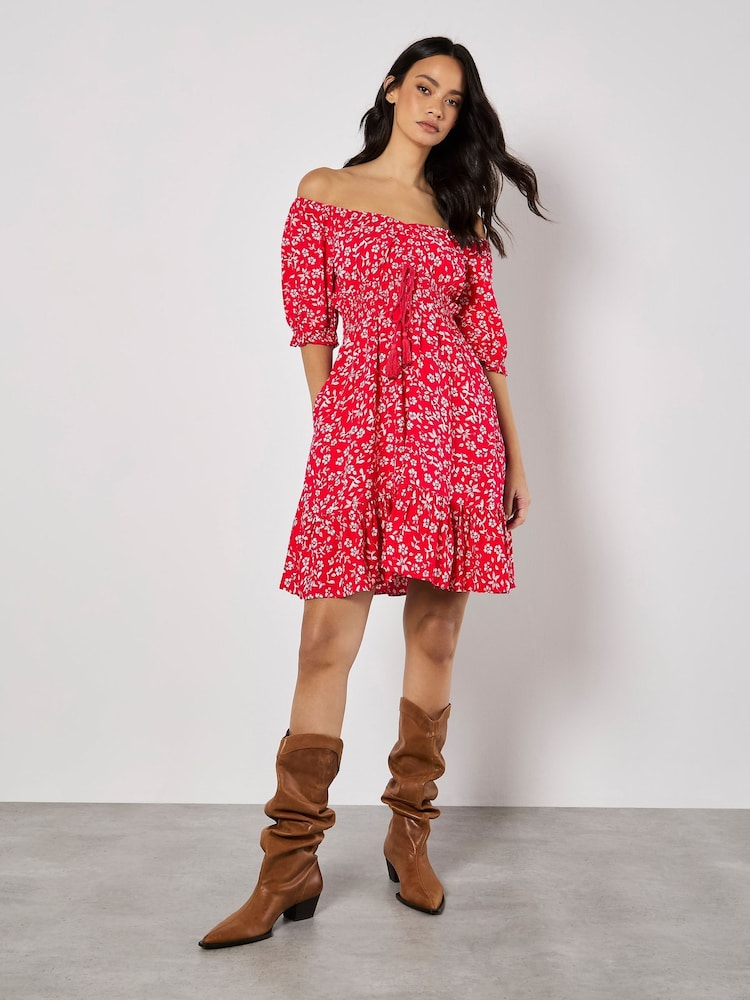 Apricot Red Sarasa Mallow Flower Bardot Dress - Image 2 of 4