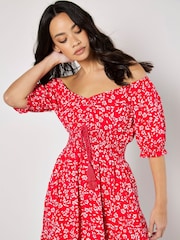 Apricot Red Sarasa Mallow Flower Bardot Dress - Image 3 of 4