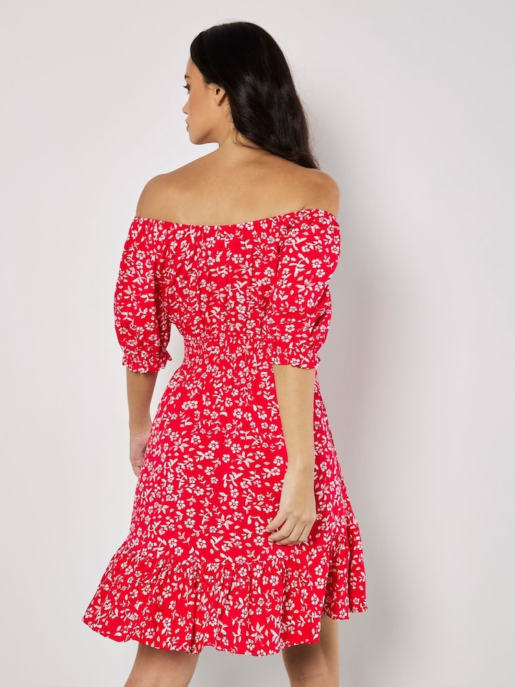 Apricot Red Sarasa Mallow Flower Bardot Dress - Image 4 of 4
