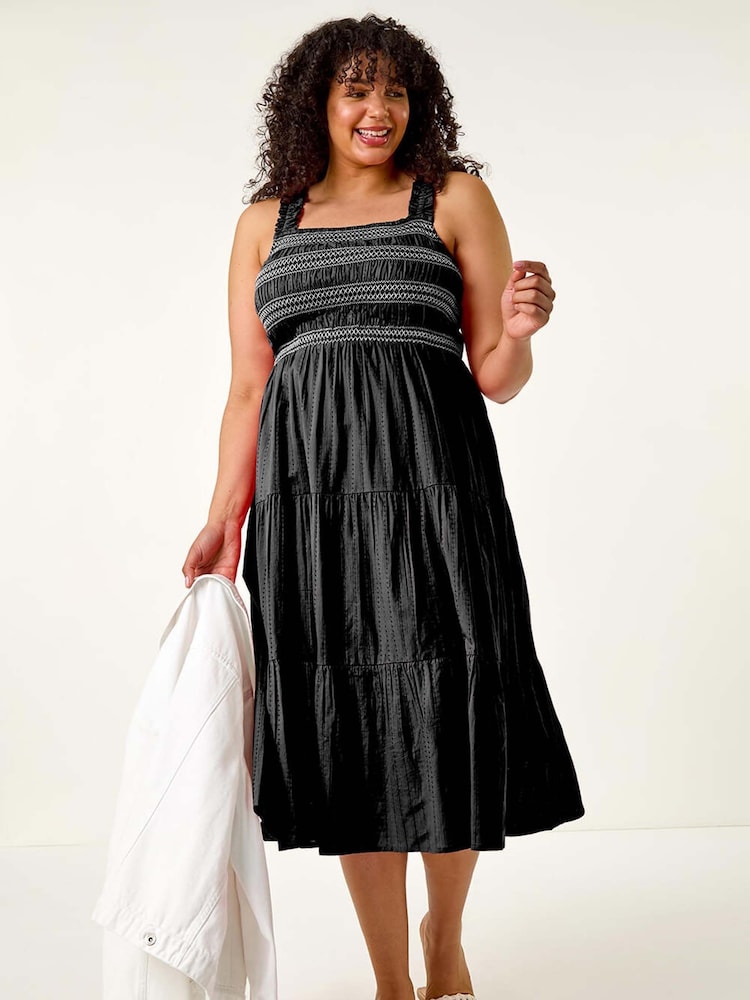 Roman Black Curve Strappy Shirred Midi Dress - Image 1 of 5