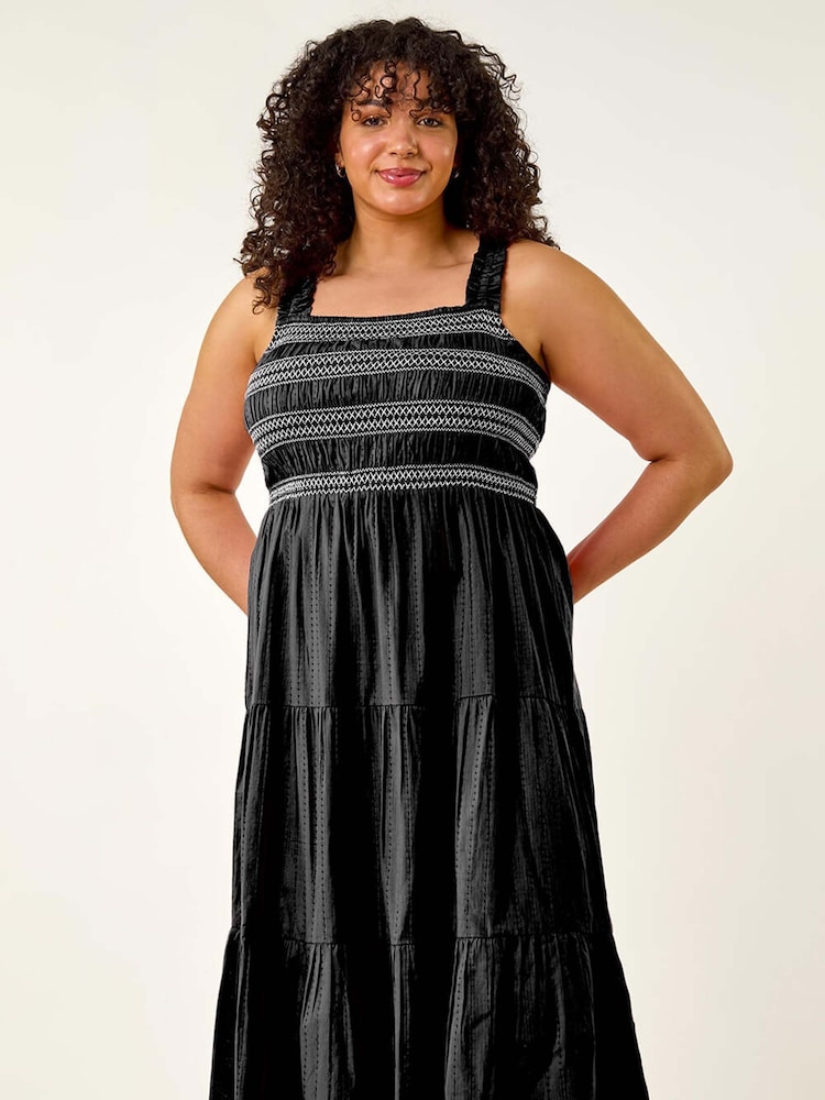Roman Black Curve Strappy Shirred Midi Dress - Image 2 of 5