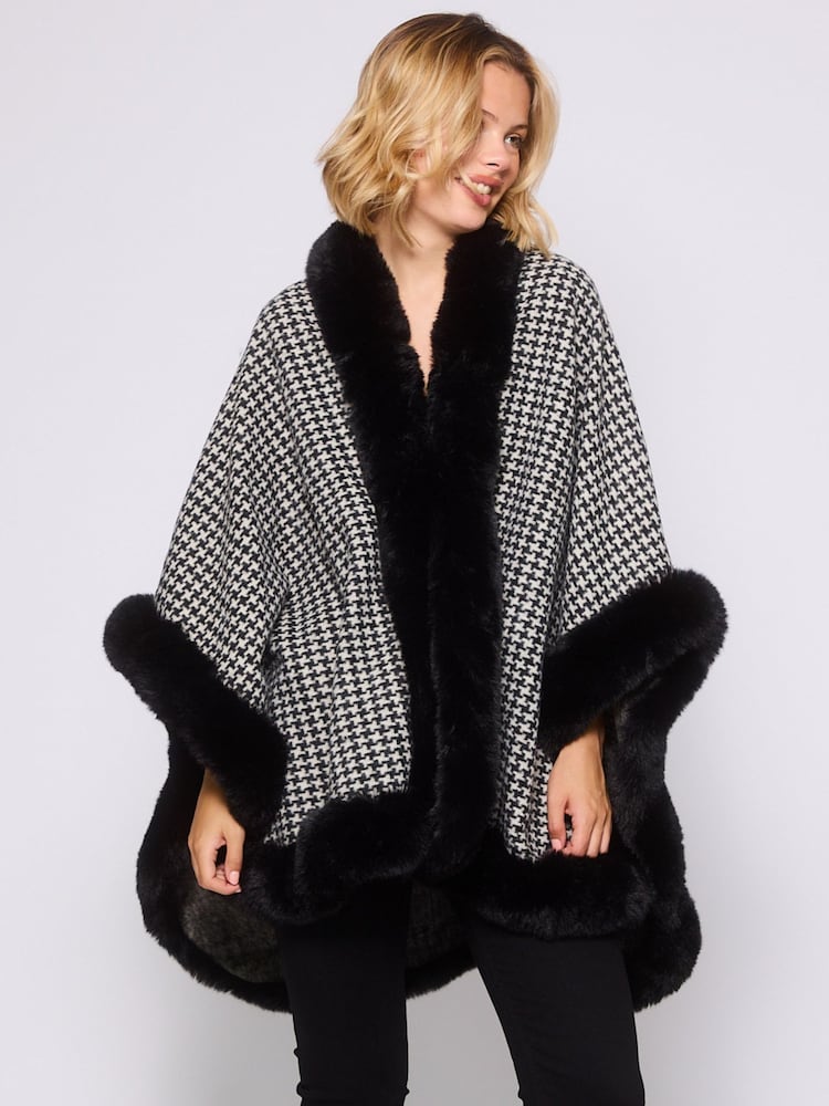 South Beach Monochrome Leopard Faux Fur Trim Shawl - Image 1 of 5 South Beach Monochrome Leopard Faux Fur Trim Shawl - Image 1 of 5