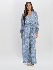 Gina Bacconi Kourtney Chiffon Blue Jumpsuit - Image 1 of 6
