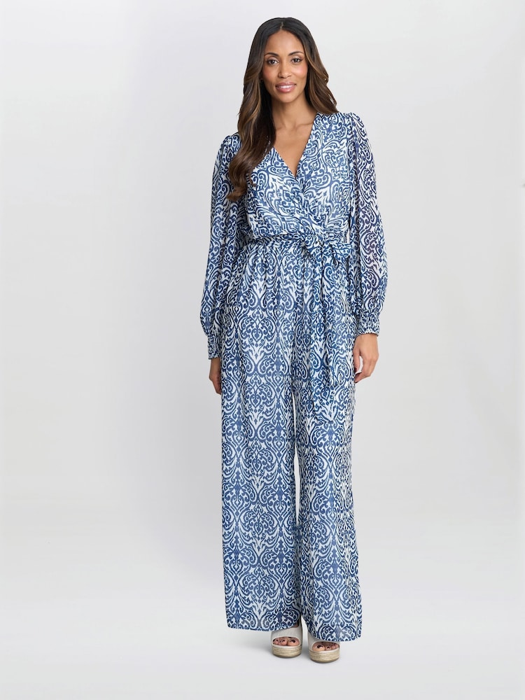 Gina Bacconi Kourtney Chiffon Blue Jumpsuit - Image 1 of 6 Gina Bacconi Kourtney Chiffon Blue Jumpsuit - Image 1 of 6