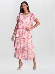 Gina Bacconi Orange Essie Midi Length Printed Tier Dress - Image 1 of 6