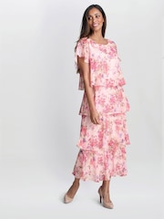 Gina Bacconi Orange Essie Midi Length Printed Tier Dress - Image 2 of 6