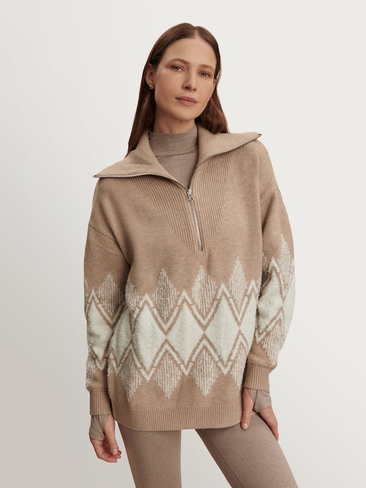 Varley Light Taupe Betty Jacquard Half Zip Jumper - Image 1 of 9