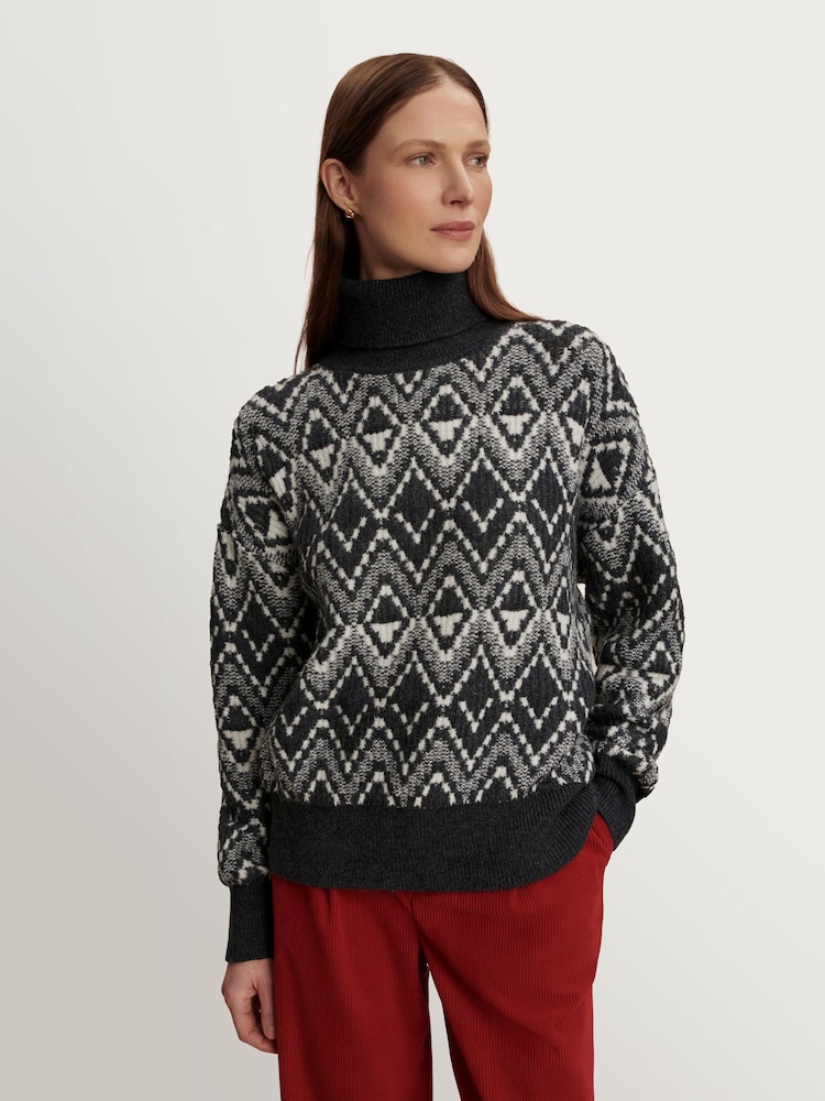 Varley Charcoal Ida Relaxed Fairisle Pattern Rollneck Jumper - Image 1 of 13