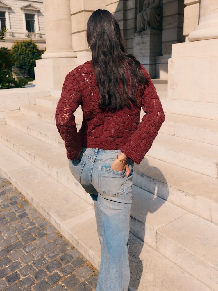Friends Like These Berry Red Heavyweight Crochet Cardigan - Image 5 of 5 Friends Like These Berry Red Heavyweight Crochet Cardigan - Image 5 of 5