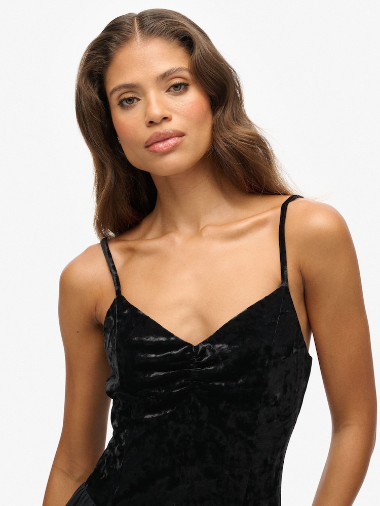 black velvet dress spaghetti strap 90s Black Velvet Dress with Faux Fur Trim, M to L