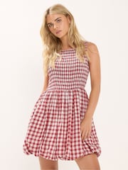 PixieGirl Petite Red Check Shirred Puffball Mini Dress - Image 1 of 5