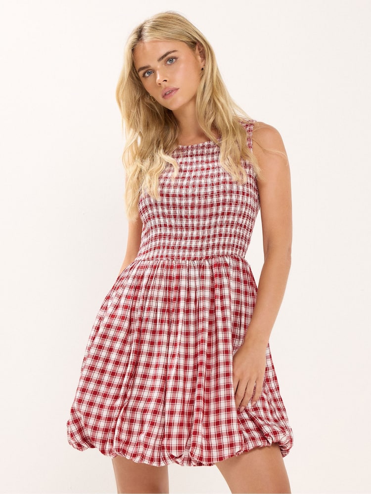 PixieGirl Petite Red Check Shirred Puffball Mini Dress - Image 1 of 5 PixieGirl Petite Red Check Shirred Puffball Mini Dress - Image 1 of 5