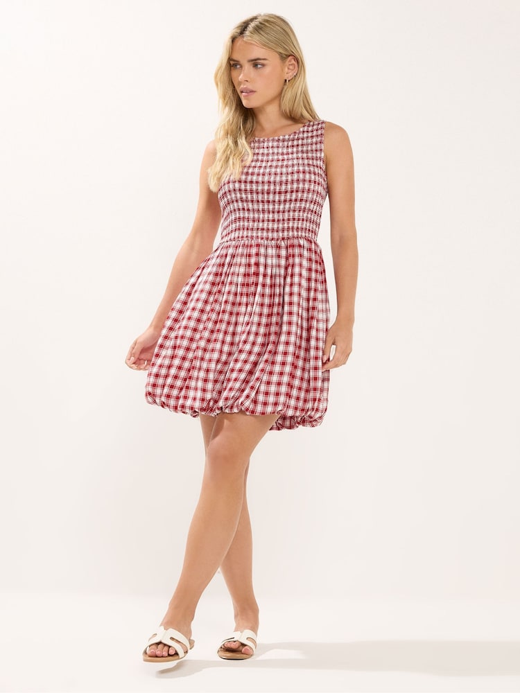 PixieGirl Petite Red Check Shirred Puffball Mini Dress - Image 2 of 5