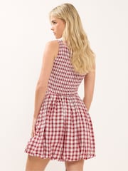 PixieGirl Petite Red Check Shirred Puffball Mini Dress - Image 3 of 5