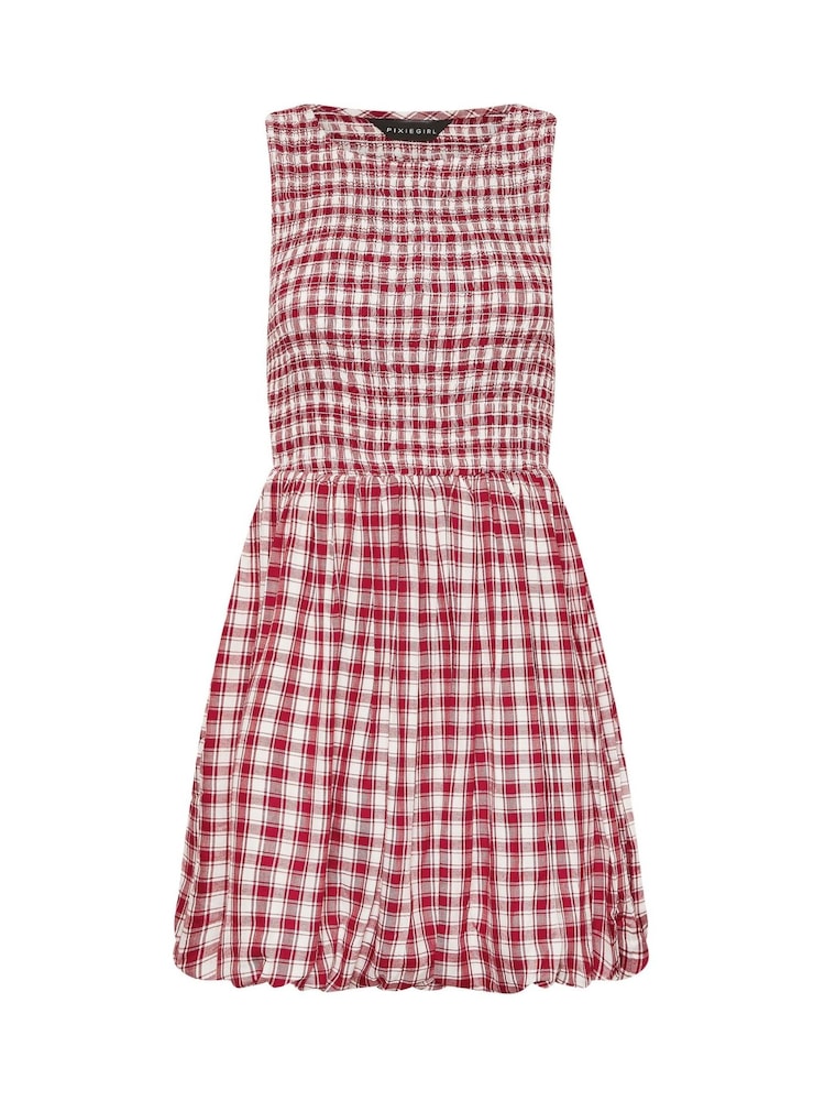 PixieGirl Petite Red Check Shirred Puffball Mini Dress - Image 5 of 5