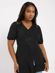 Yours Curve Black Jersey Romantic Frill Blouse - Image 1 of 5