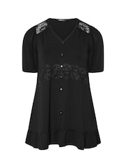 Yours Curve Black Jersey Romantic Frill Blouse - Image 5 of 5