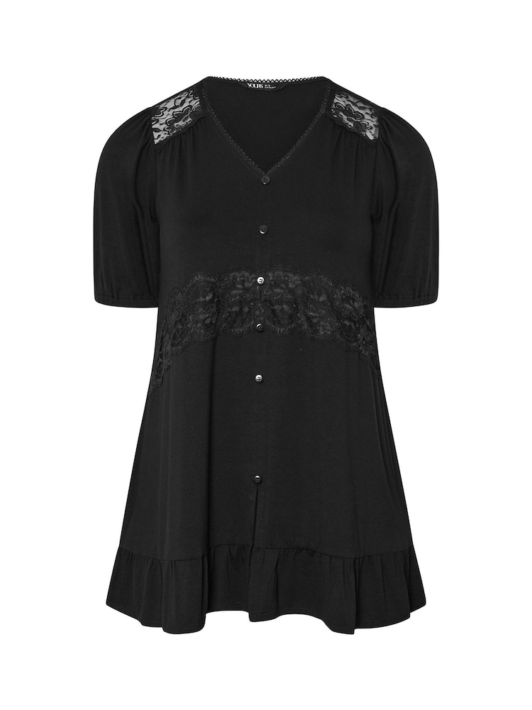 Yours Curve Black Jersey Romantic Frill Blouse - Image 5 of 5