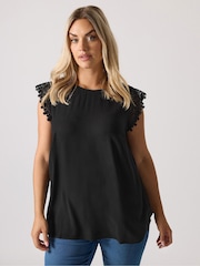 Yours Curve Black Crinkle Crochet Vest - Image 1 of 5